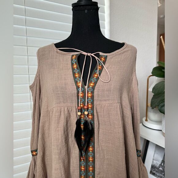 L&B Lucky Blessed Western Boho Tunic Top Sz M? Beige Colorful Embroidered - Picture 5 of 10